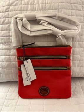 NWT Dooney & Bourke Red Canvas Triple-Zip Crossbody Bag w/Leather Accents
